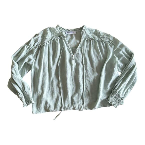 ZARA Soft Textured Boho Blouse Balloon Sleeve Top Airy Pistachio Mint Green XL - Picture 9 of 13